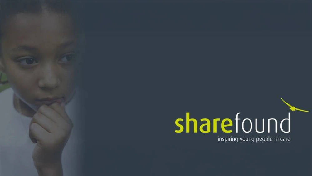 Dark background with ShareFound logo and tagline “inspiring young people in care” in green and white.